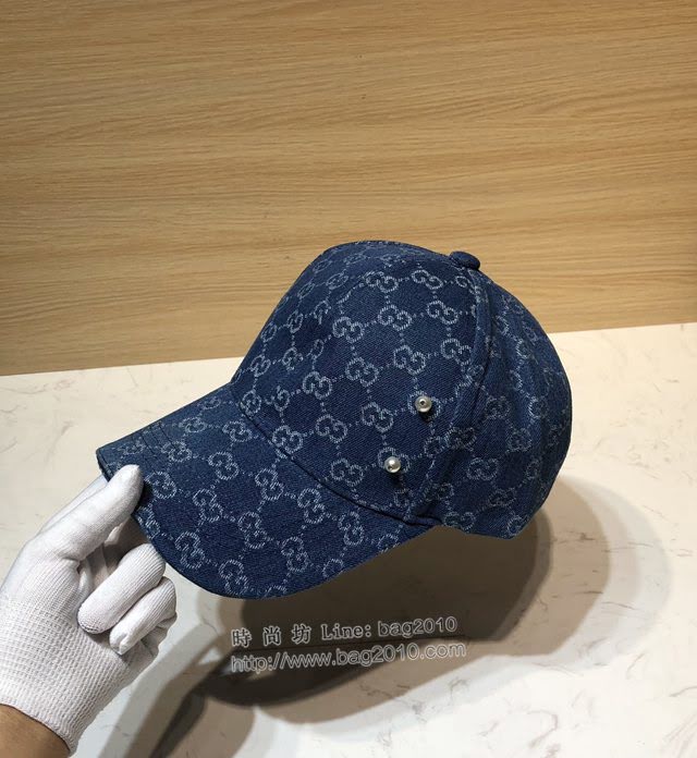 Gucci新品女士帽子 古馳做舊牛仔珍珠鴨舌帽棒球帽  mm1592